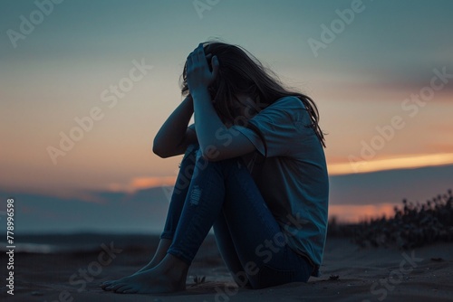 A girl having depression episode, alone by the beach road