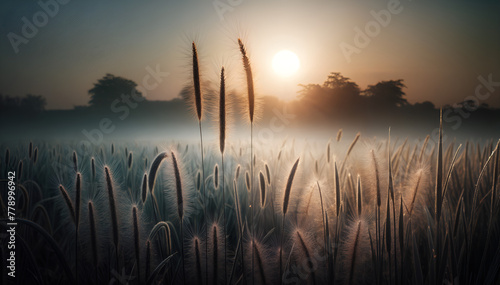 A serene composition of dew-covered stalks of grass in the early morning, positioned in the upper right quadrant, photo