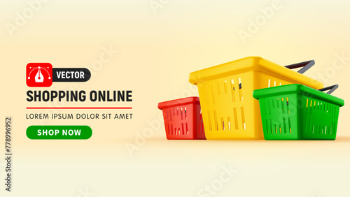 Three shopping or grocery baskets from supermarket, light yellow background with place for text. Advertising banner template for online shopping, wide aspect ratio. 3d realistic vector illustration