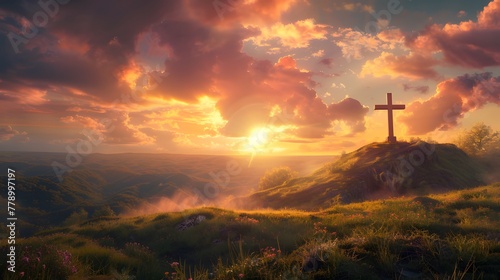Cross proudly standing on windswept hill under enchanting sunrise glow. Spiritual concept.