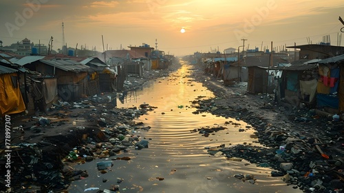Poverty Stricken Urban Slum at Sunset Reflecting in Polluted Canal