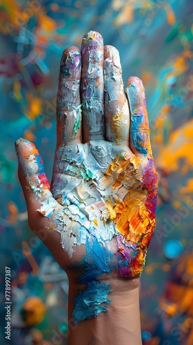 Vibrant Hand Covered in Multicolored Paints Showcasing Creativity and Self Expression