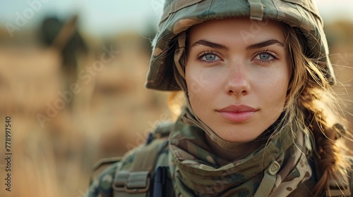 Female soldier standing in uniform, embodying courage and the strength of women in the military photo