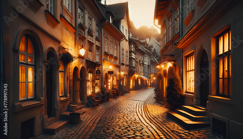 Evening shot of a quaint cobblestone street in an old town, with warm lighting illuminating the path and the facades of the  buildings