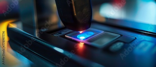 Observe the finger scanner on the fingerprint reader. Consider the concept of data security or data access control. photo