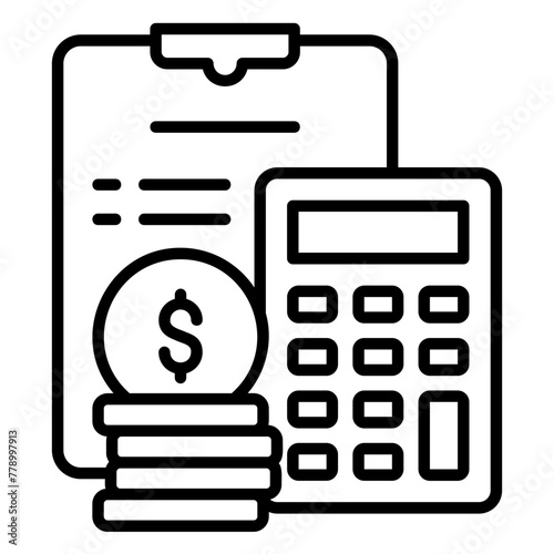 Financial planning icon with documents, calculator and dollar bills