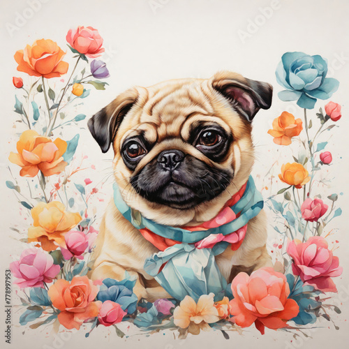 Adorable drawing of a cute pug dog in flowers. Retro t-shirt art style painting at white background  © silent312
