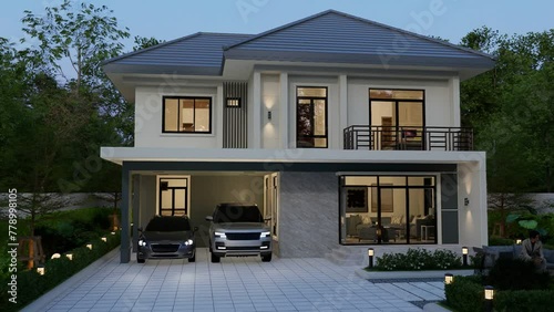 4K video rendering of 3D rendering of two storey contemporary house side view with garage and natural scenery background
