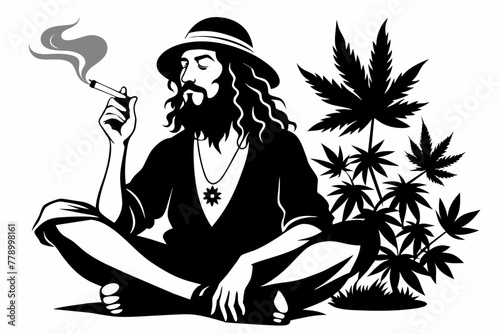 Design a silhouette in black and white of a hippo man  casually smoking cannabis