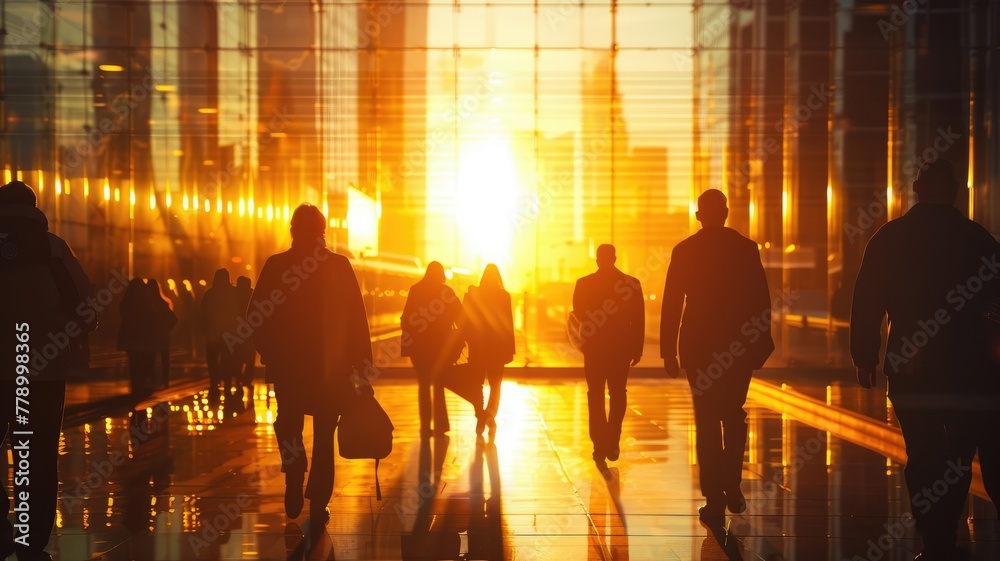 Silhouettes of people walking in sunset - Crowds of city dwellers captured as silhouettes against the warm glow of a sunset in a modern urban environment