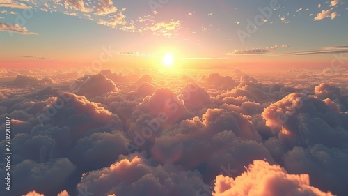 Breathtaking sunrise among clouds from above - Captivating view of sun rising over a sea of clouds with warm tones, representing hope and a new day