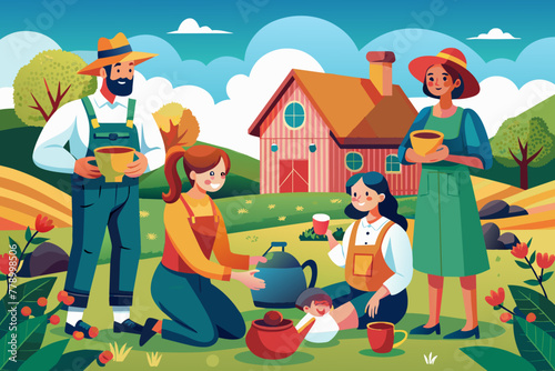 Depicting a scene of a farmer and his family making tea and chatting in the yard