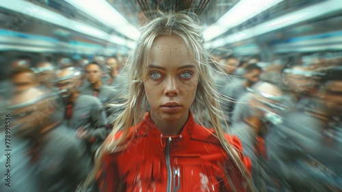 Woman with intense gaze amidst blur - A young woman with mesmerizing eyes stands amidst a radically blurred crowd, conveying a sense of isolation photo