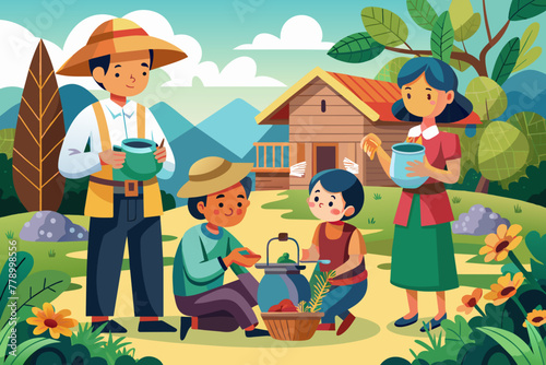 Depicting a scene of a farmer and his family making tea and chatting in the yard