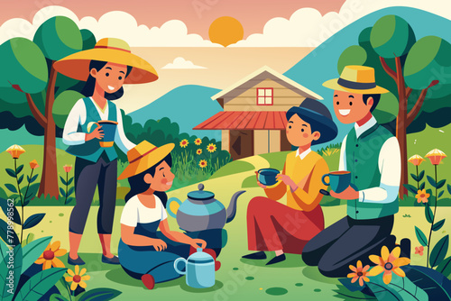 Depicting a scene of a farmer and his family making tea and chatting in the yard
