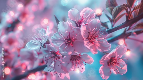 Blossoming cherry flowers close-up - Vivid cherry blossoms in full bloom  showcasing delicate petals against a dreamy  bokeh-light background