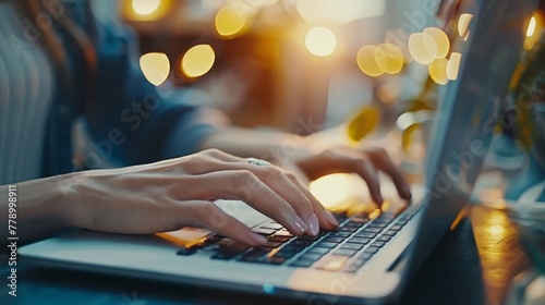 An image showing a woman typing on a laptop computer keyboard and browsing the internet at the desk, online, working, business, technology, and Internet communication. photo