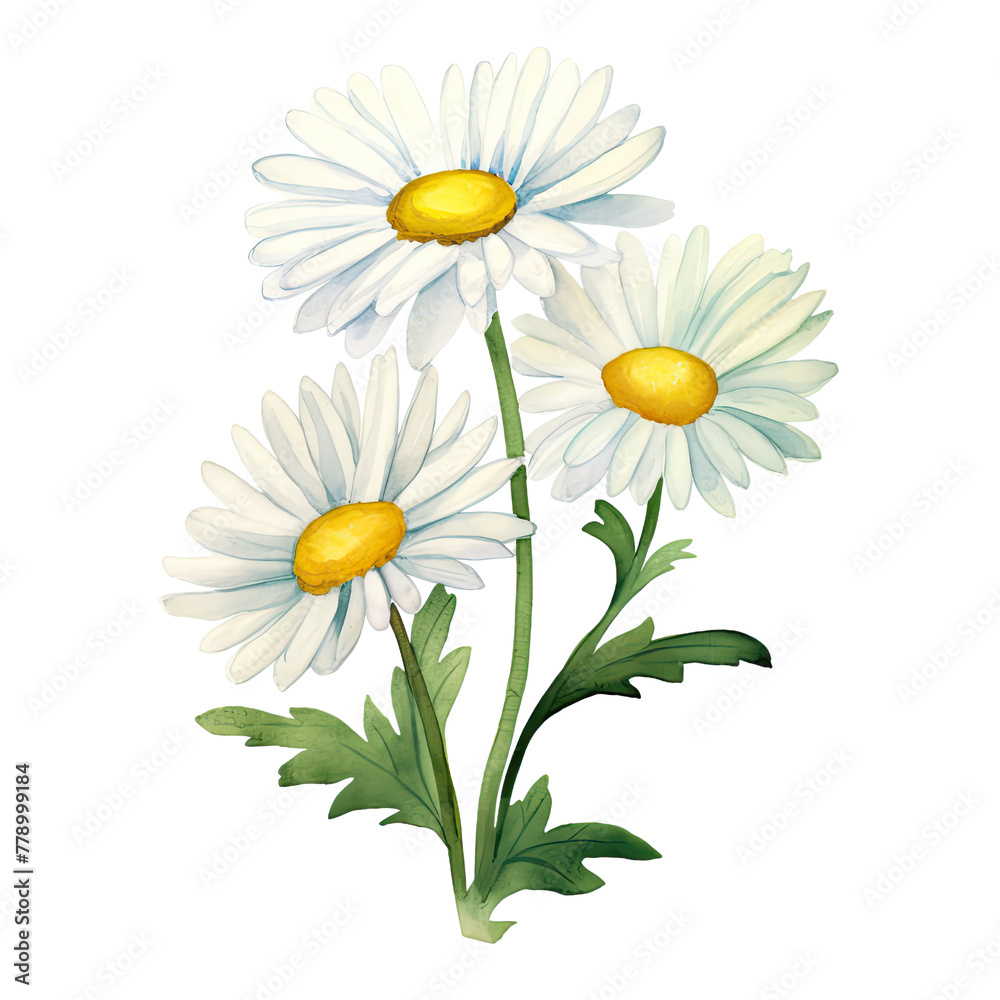 Fototapeta premium AI-generated watercolor white Daisy flowers with leaves clip art illustration. Isolated elements on a white background.