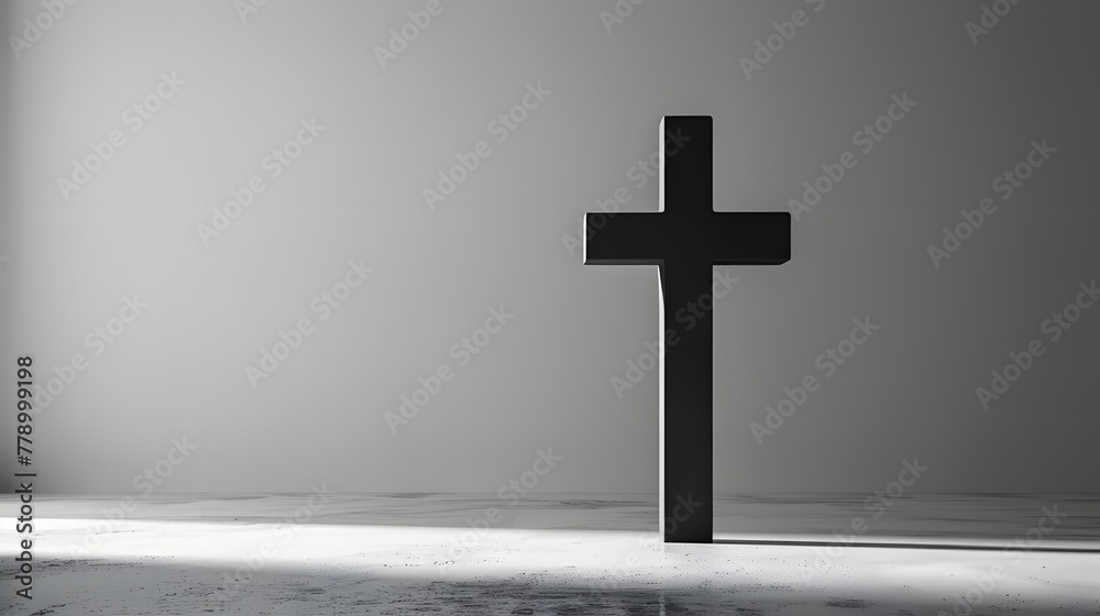 Front view of minimalist cross standing solemnly against blank background.