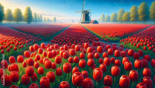 red tulip and windmill, travelling in Holland