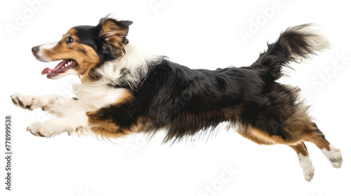 Portrait of cute playful puppy in motion, jumping isolated over transparent background. Concept of motion, beauty, vet, pets, animal life