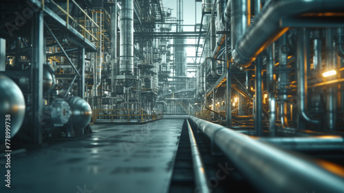 A bustling chemical processing plant with reactors and distillation towers, currently stagnant but capable of producing a wide range of chemical compounds photo