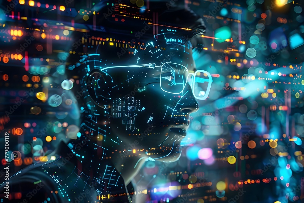 Fototapeta premium Scholarly 3D Hologram Figure Coding in Digital Information Flow