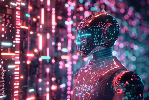 3D Hologram of a Robot, Brian, Coding in a Digital Neon Circuit Universe
