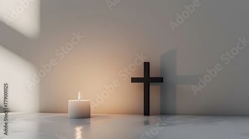 Graceful front-view cross stands elegantly to side of the image. Symbol of faith.