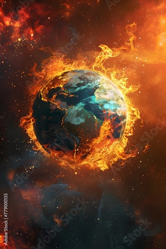 Flames of Creation: A 3D Globe Engulfed in Inferno Against a Vibrant Galaxy Backdrop