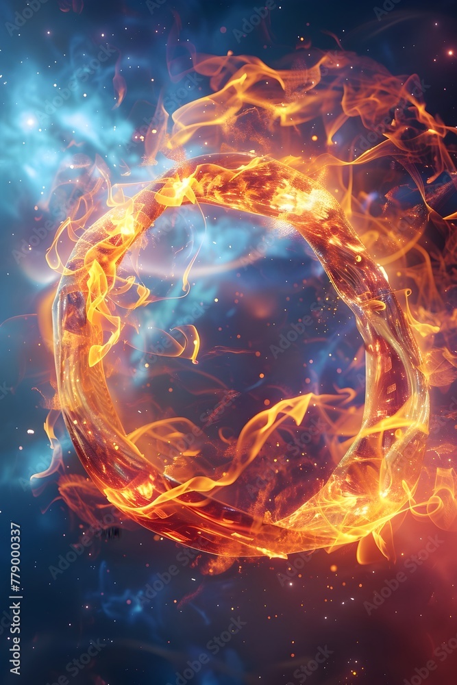 Galactic Inferno: A World Engulfed in Dancing Flames Among the Cosmos