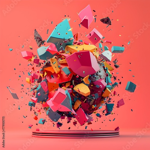 Abstract 3D Art: Concept of a World Exploding into Radiant Geometric Shapes photo