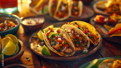 A table adorned with plates of Mexican cuisine featuring tacos and other traditional dishes, showcasing a variety of flavors and ingredients photo