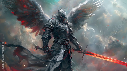 Winged warrior with sword in medieval armor