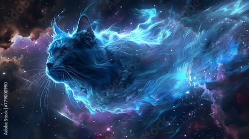 Cat on the clouds and lightning and the vast stars