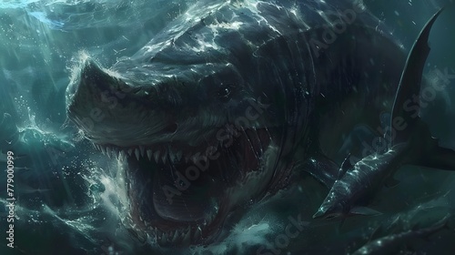 A terrifying giant halberd-nosed shark in the deep sea.