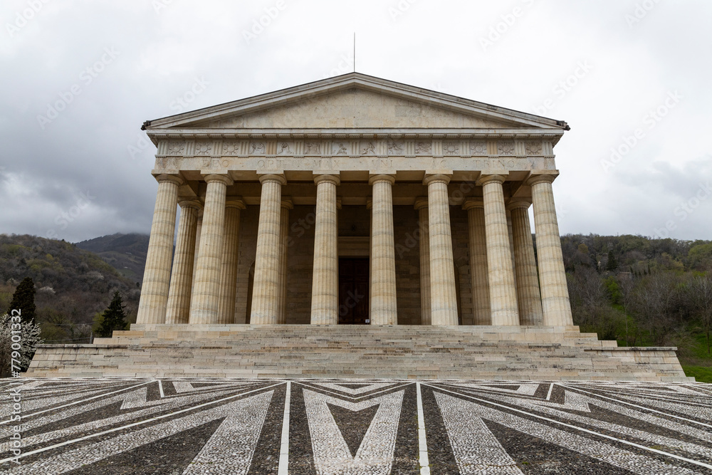 Fototapeta premium Canova Temple of Possagno, home to the tomb of Canova, his hometown. World-famous sculptor, neoclassical style temple, colonnade, precious decorations. Phanteon shape with coffered ceiling and oculus.