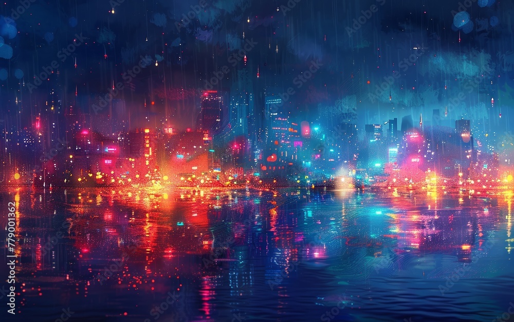 digital painting of city at night with colorful lights.