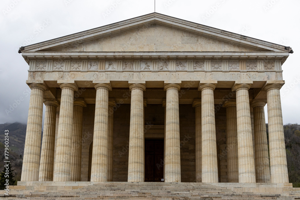 Canova Temple of Possagno, home to the tomb of Canova, his hometown. World-famous sculptor, neoclassical style temple, colonnade, precious decorations. Phanteon shape with coffered ceiling and oculus. Canova Temple of Possagno, home to the tomb of Canova, his hometown. World-famous sculptor, neoclassical style temple, colonnade, precious decorations. Phanteon shape with coffered ceiling and oculus.