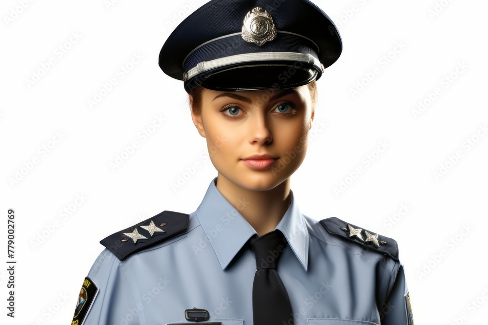 A policewoman in uniform with a serious expression on her face A policewoman in uniform with a serious expression on her face