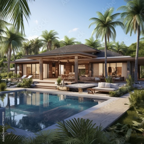 3D rendering of a luxury villa with a pool