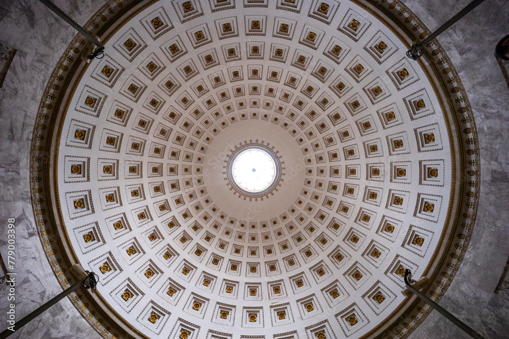 Canova Temple of Possagno, home to the tomb of Canova, his hometown. World-famous sculptor, neoclassical style temple, colonnade, precious decorations. Phanteon shape with coffered ceiling and oculus. Canova Temple of Possagno, home to the tomb of Canova, his hometown. World-famous sculptor, neoclassical style temple, colonnade, precious decorations. Phanteon shape with coffered ceiling and oculus.
