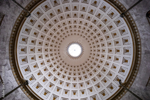 Canova Temple of Possagno, home to the tomb of Canova, his hometown. World-famous sculptor, neoclassical style temple, colonnade, precious decorations. Phanteon shape with coffered ceiling and oculus.
