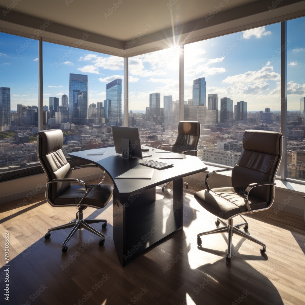 Three empty chairs in a conference room with a city view