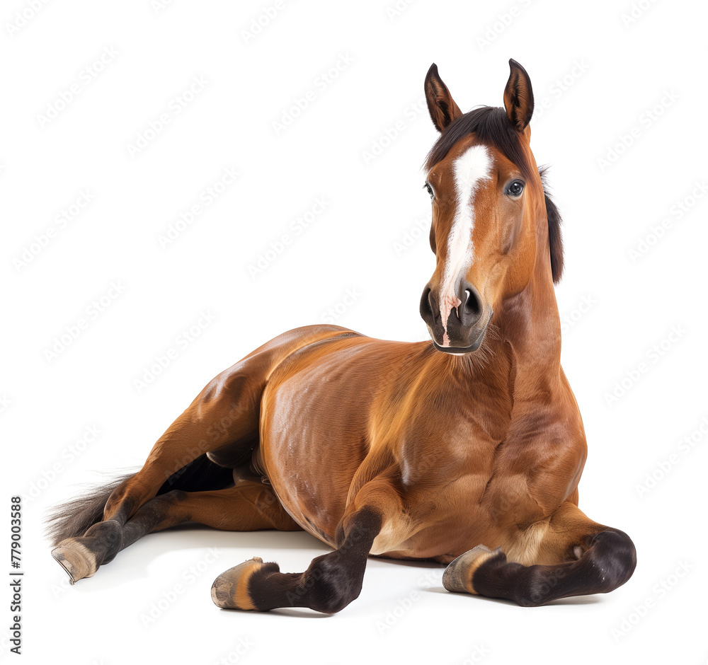 Obraz premium Brown horse lying down on white background