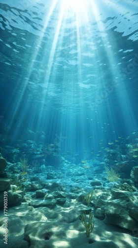 Underwater Ocean Scene With Sun Rays Shining Through