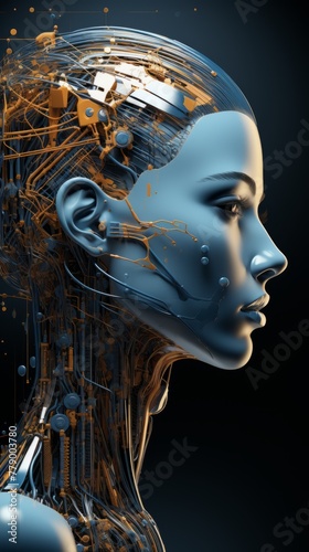 Illustration of a female android with blue skin and yellow eyes