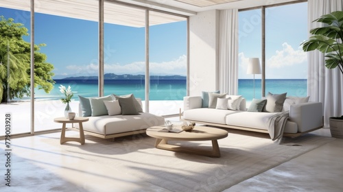 Modern coastal living room with large windows overlooking the ocean © Adobe Contributor