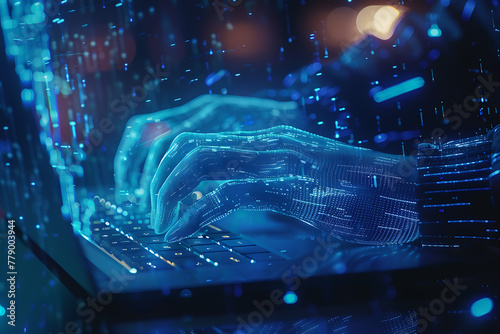 Dive into the digital realm with a captivating wireframe visualization against a glowing translucent background, featuring a focused man typing on a laptop