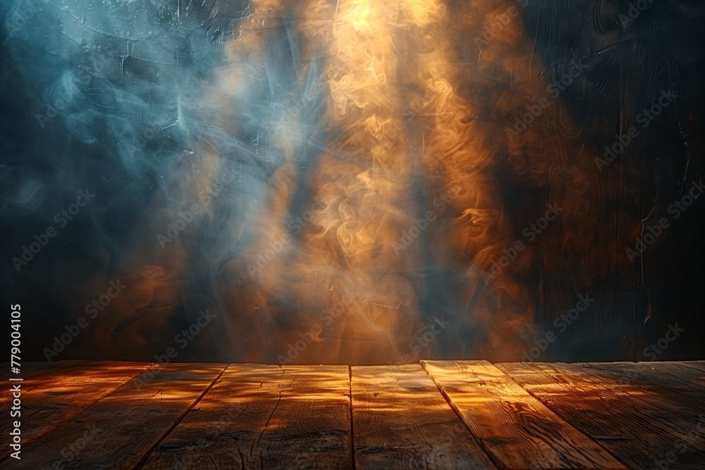 Mystical fog dancing over wooden board
